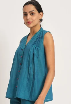Solid Color Pure Cotton Tunic in Teal Blue