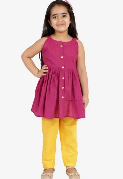 Solid Color Pure Cotton Tunic Set in Magenta