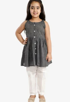 Solid Color Pure Cotton Tunic Set in Dark Grey