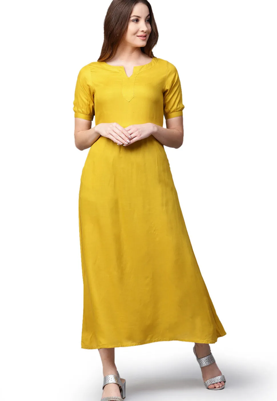 Solid Color Rayon A Line Kurta in Mustard