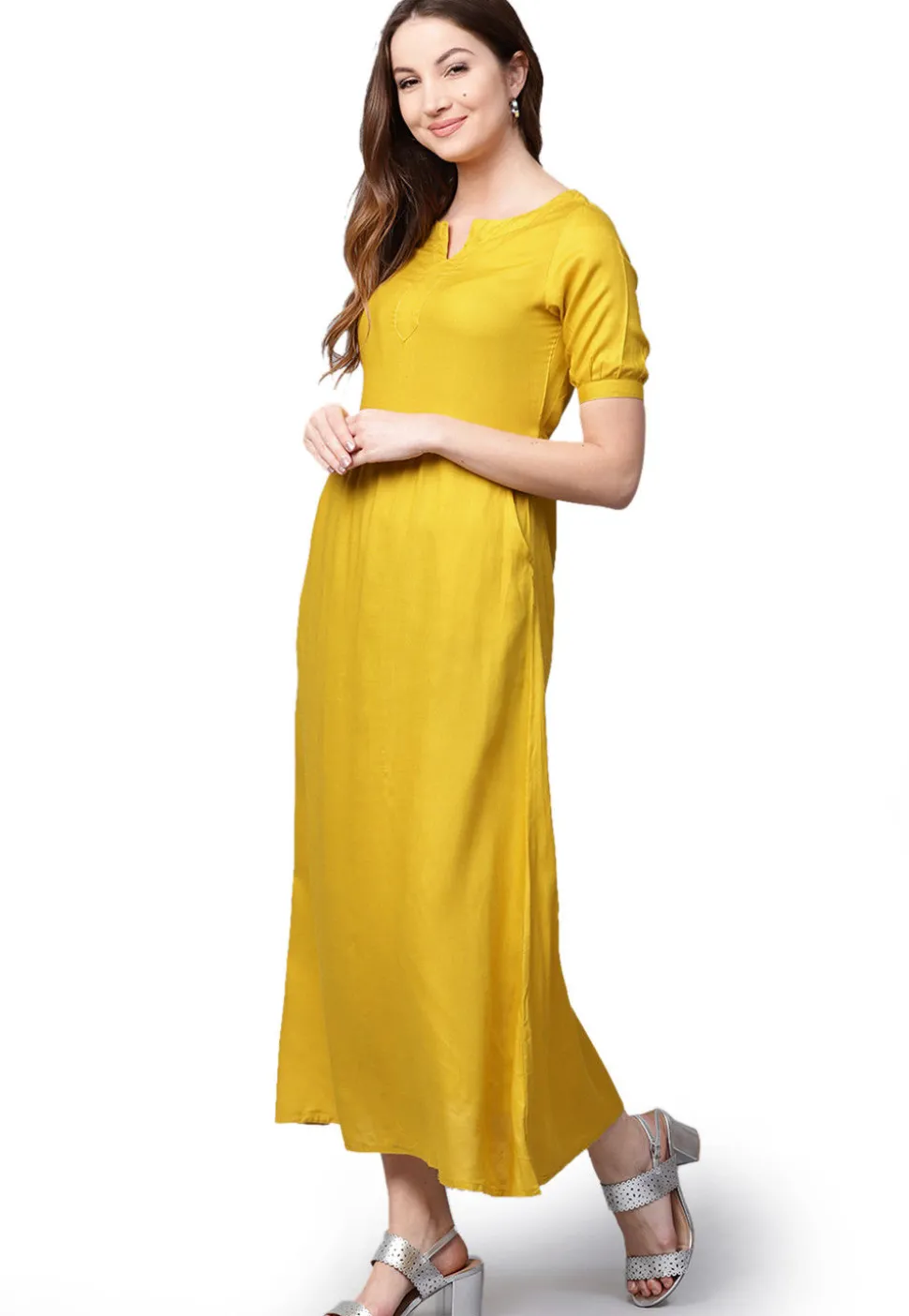 Solid Color Rayon A Line Kurta in Mustard