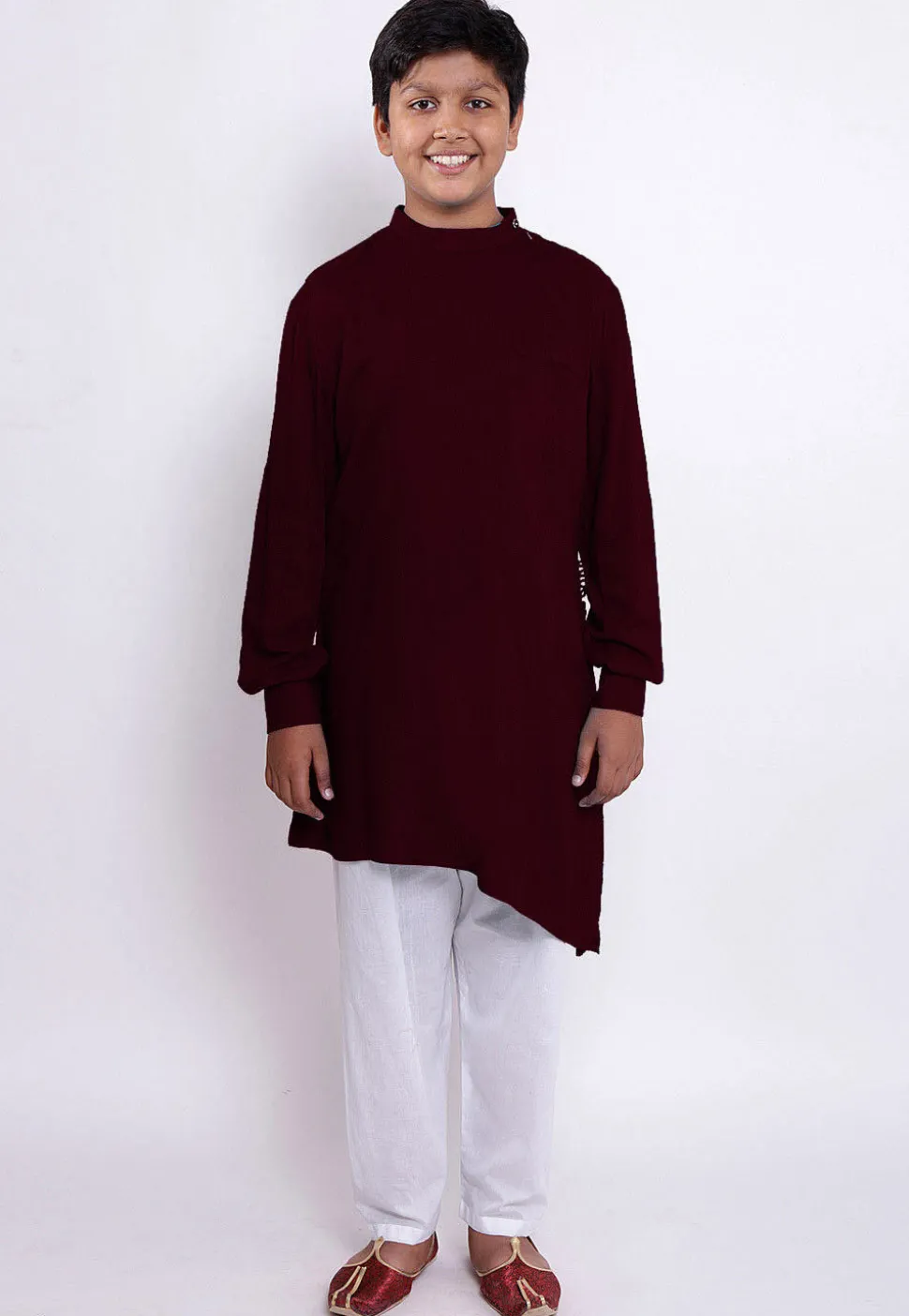 Solid Color Rayon Asymmetric Kurta Set in Wine