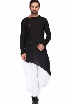 Solid Color Rayon Asymmetric Dhoti Kurta in Black