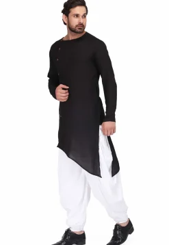 Solid Color Rayon Asymmetric Dhoti Kurta in Black