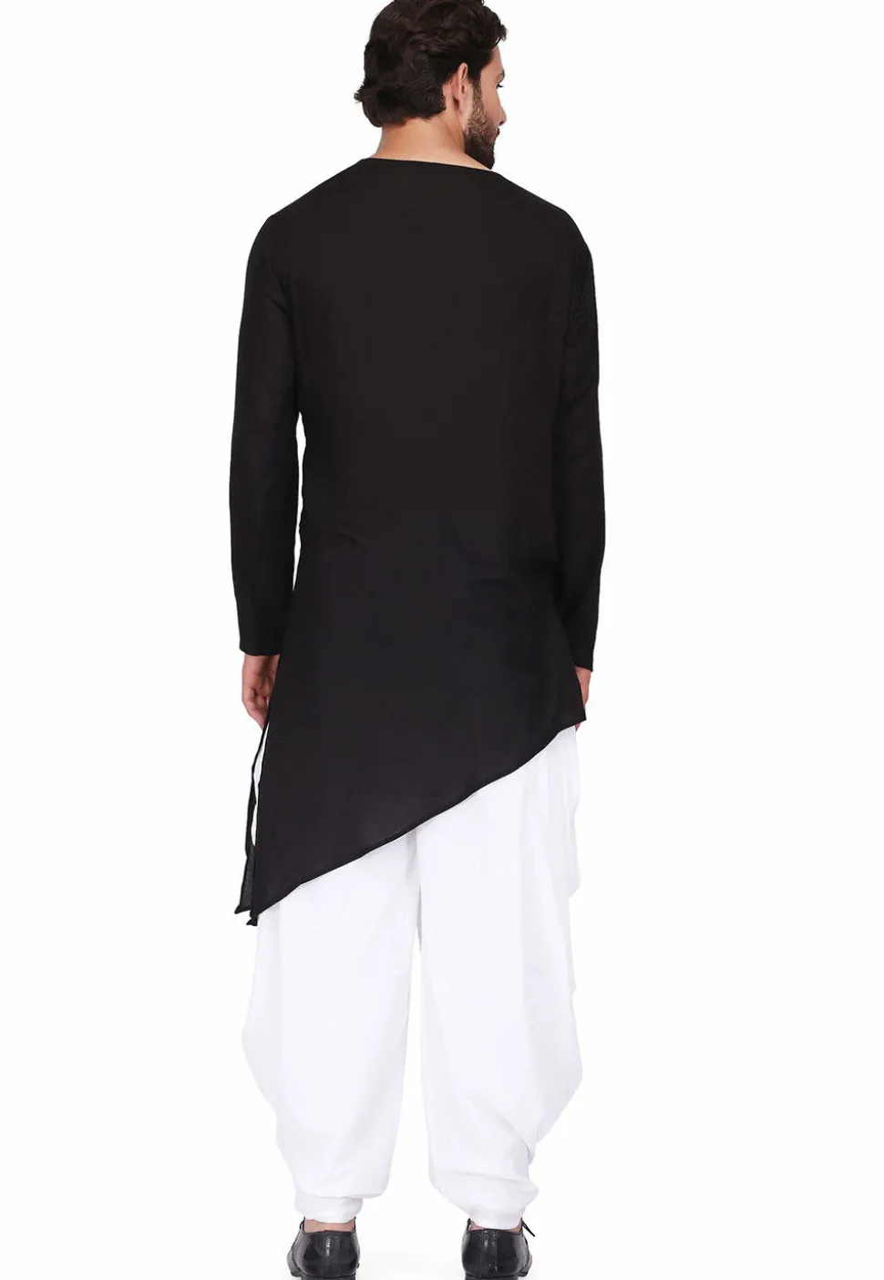 Solid Color Rayon Asymmetric Dhoti Kurta in Black