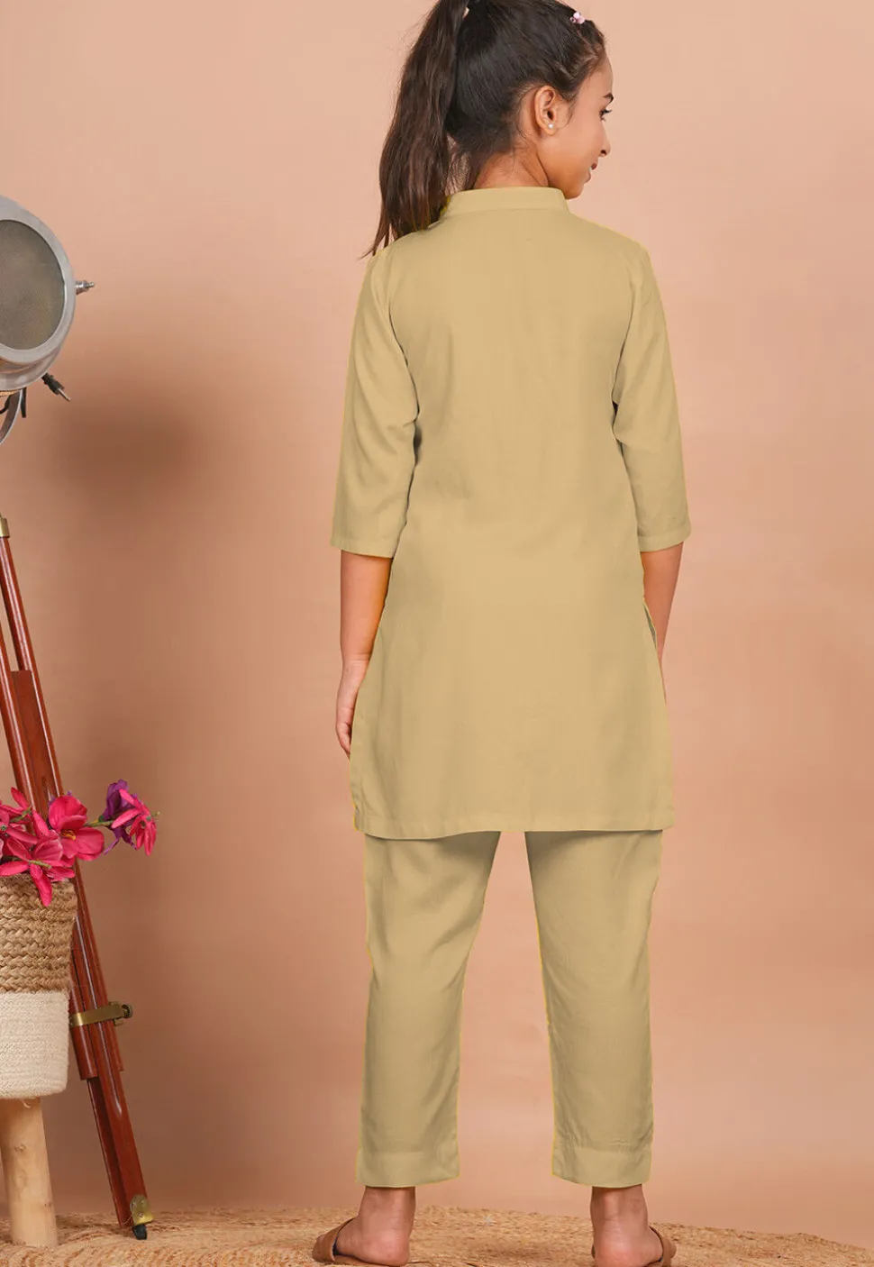 Solid Color Rayon Co Ord Set in Beige