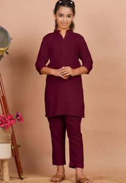 Solid Color Rayon Co Ord Set in Wine
