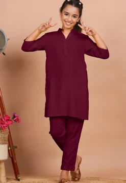 Solid Color Rayon Co Ord Set in Wine