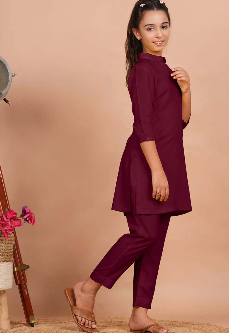 Solid Color Rayon Co Ord Set in Wine