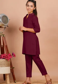 Solid Color Rayon Co Ord Set in Wine