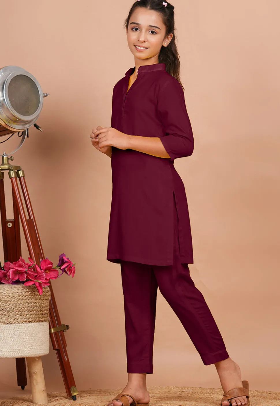 Solid Color Rayon Co Ord Set in Wine