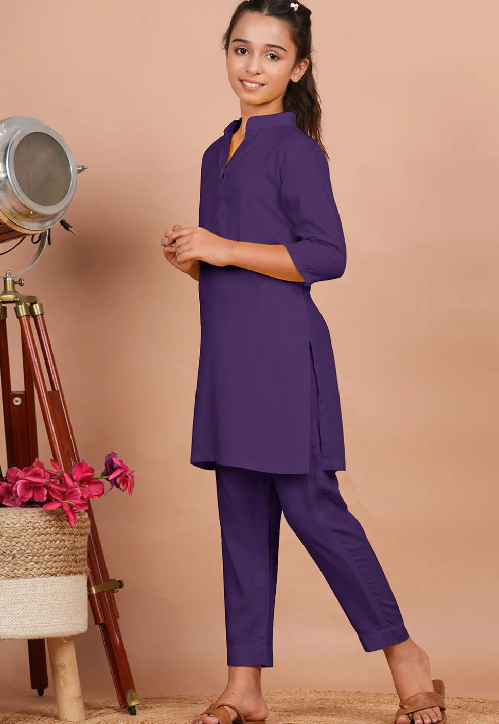Solid Color Rayon Co Ord Set in Light Purple