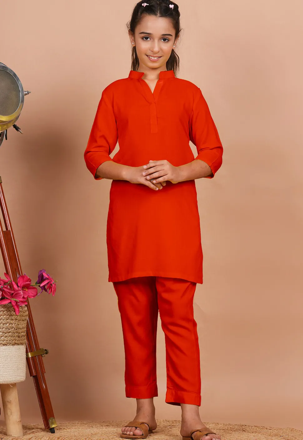 Solid Color Rayon Co Ord Set in Dark Orange