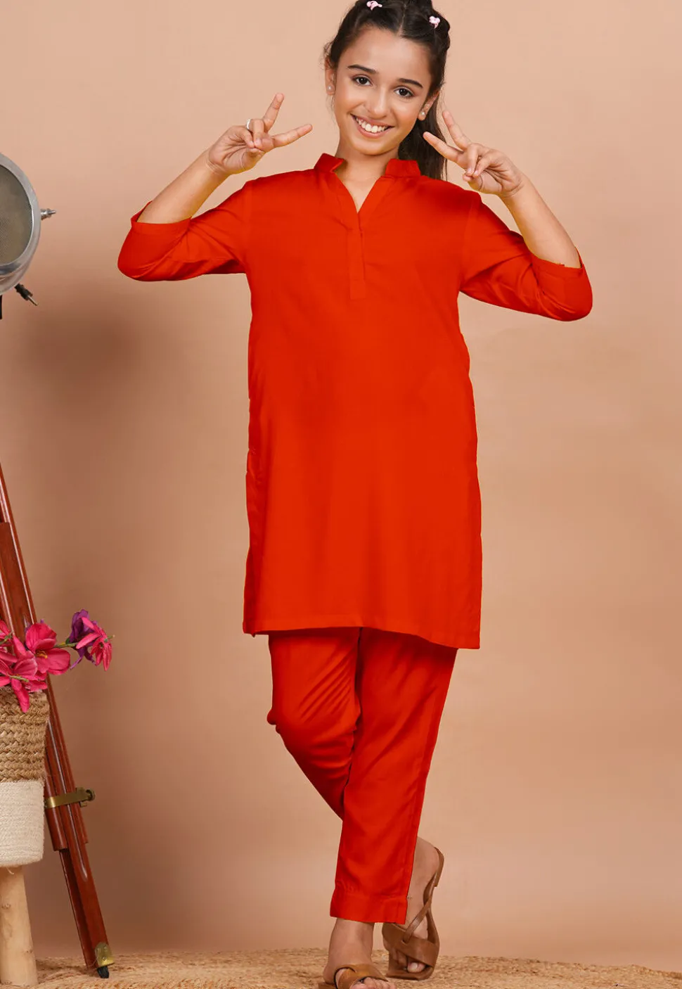 Solid Color Rayon Co Ord Set in Dark Orange