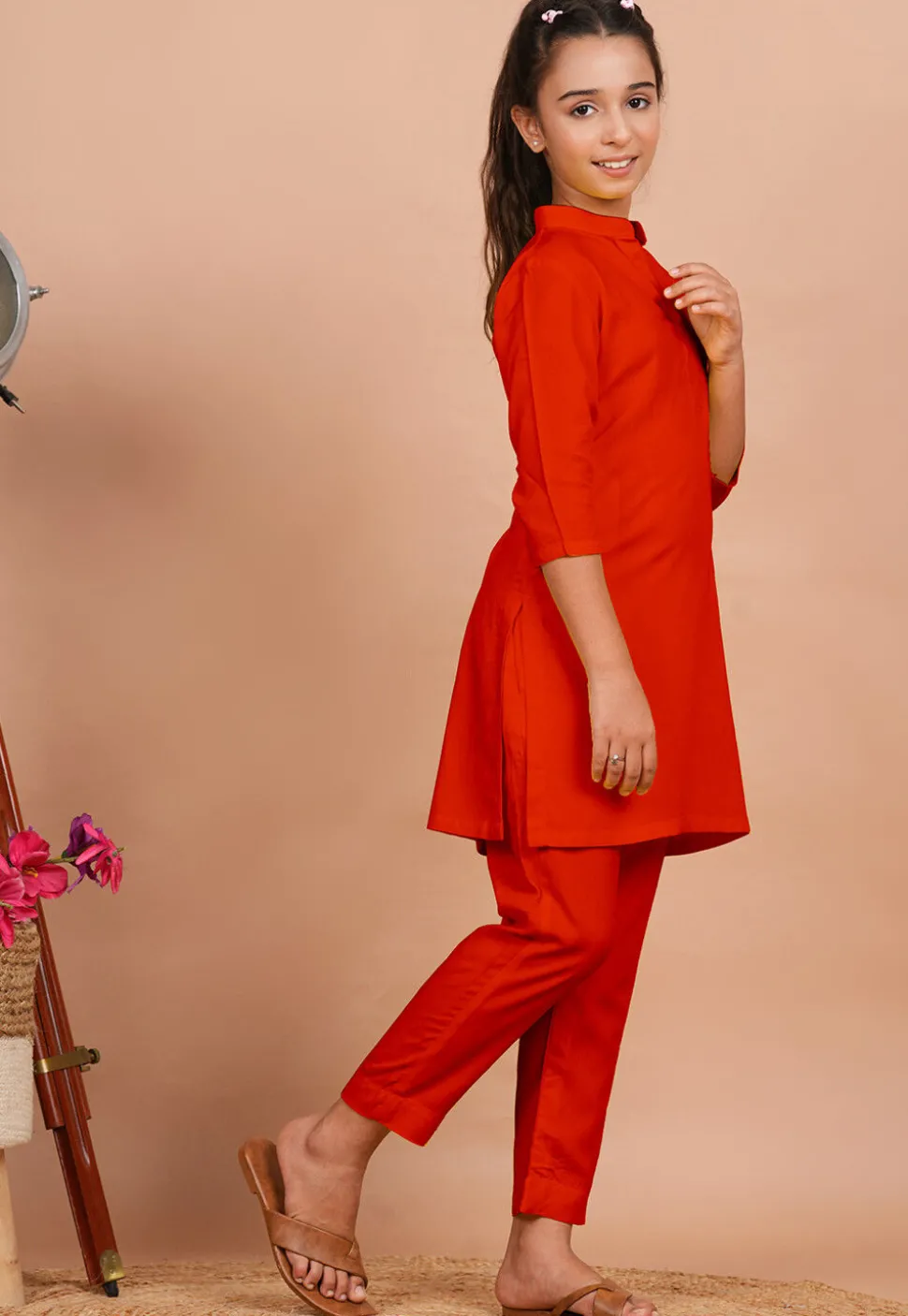 Solid Color Rayon Co Ord Set in Dark Orange