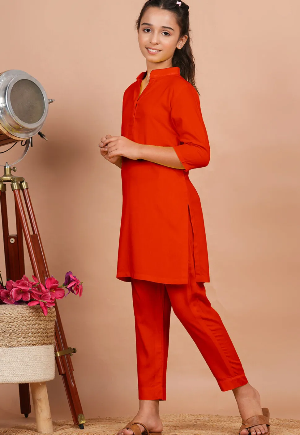 Solid Color Rayon Co Ord Set in Dark Orange