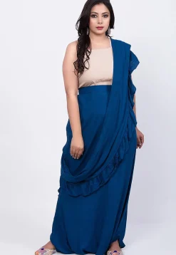 Solid Color Rayon Cotton Slub Cowl Pant in Dark Blue