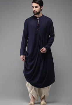 Solid Color Rayon Cotton Cowl Style Dhoti Kurta in Navy Blue