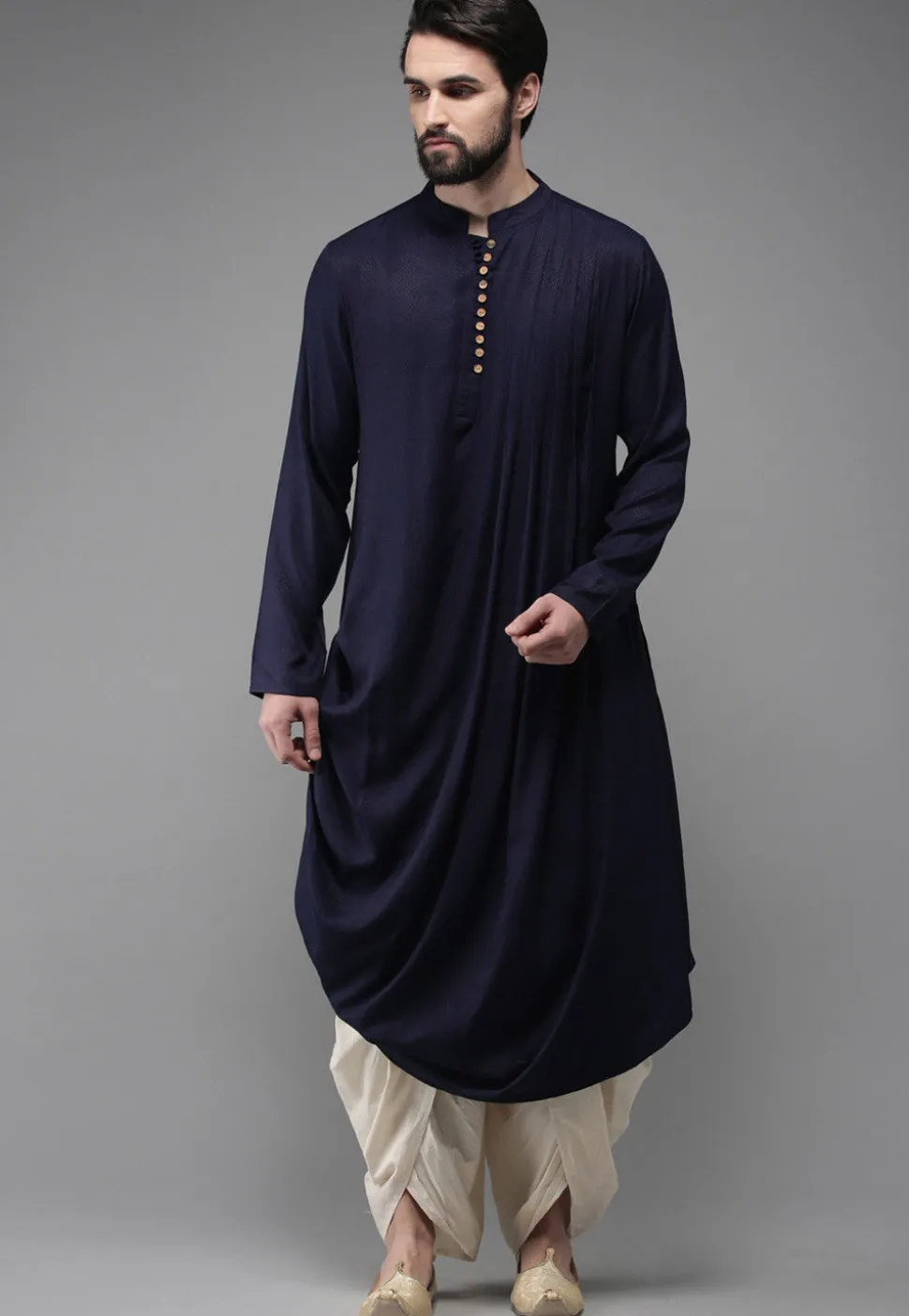 Solid Color Rayon Cotton Cowl Style Dhoti Kurta in Navy Blue