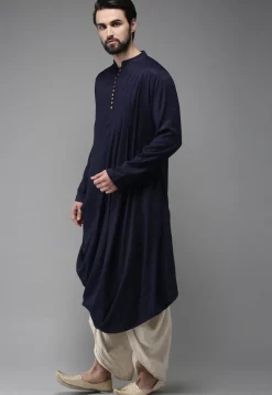 Solid Color Rayon Cotton Cowl Style Dhoti Kurta in Navy Blue
