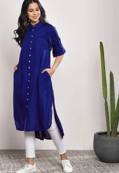 Solid Color Rayon High Low Kurta in Royal Blue