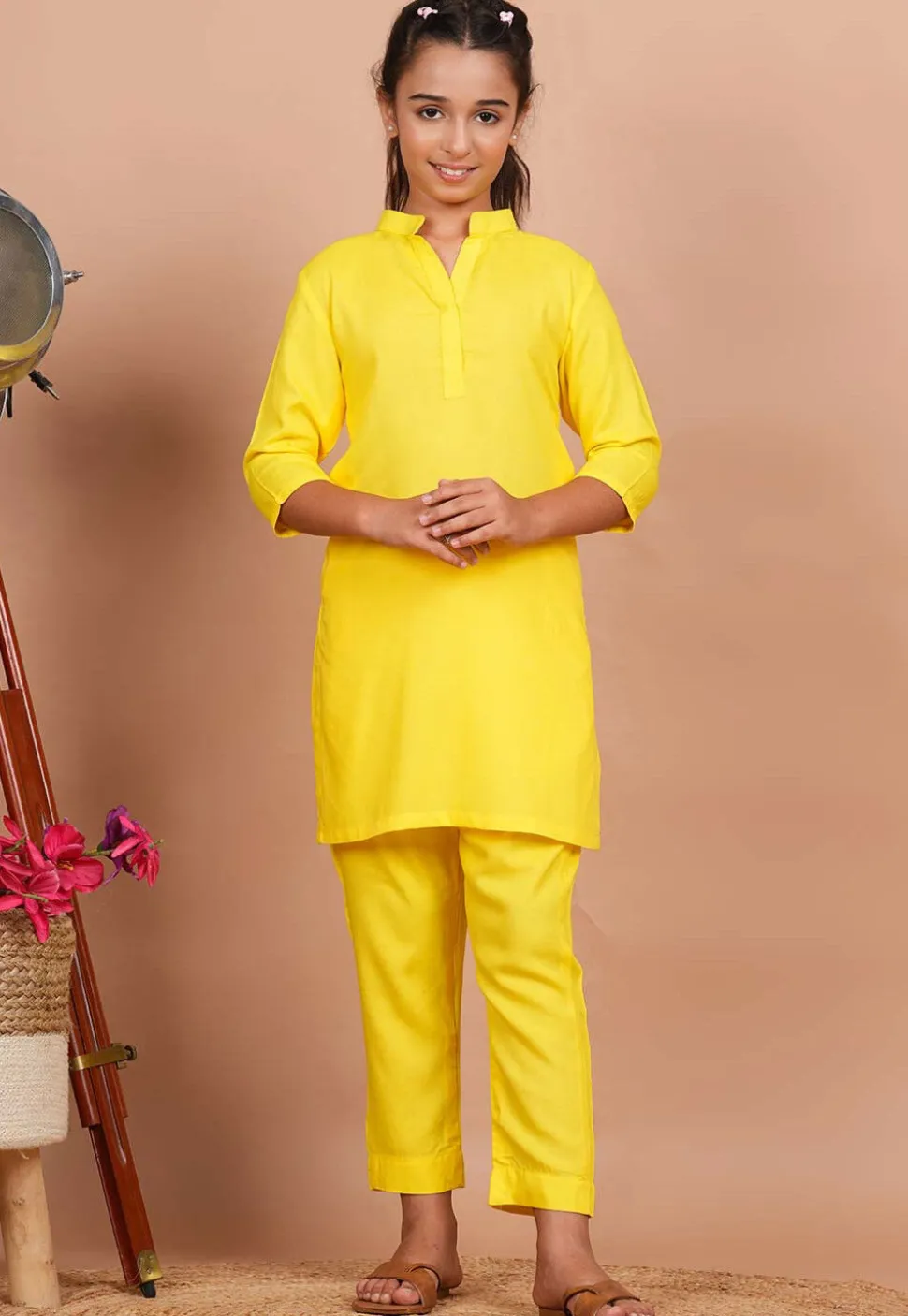Solid Color Rayon Kurta Set in Yellow