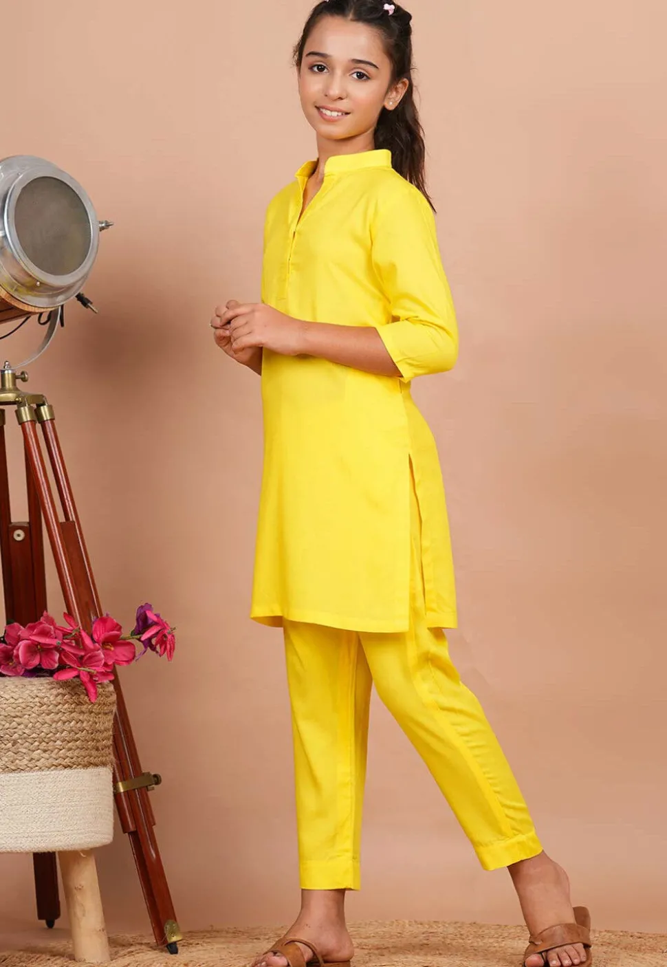 Solid Color Rayon Kurta Set in Yellow