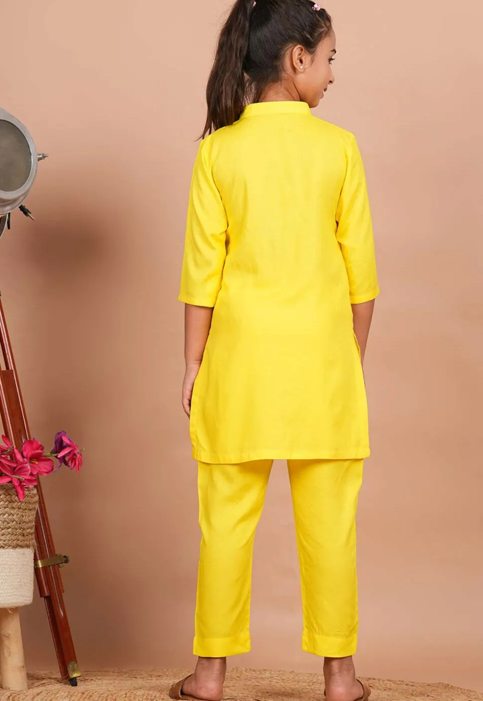 Solid Color Rayon Kurta Set in Yellow