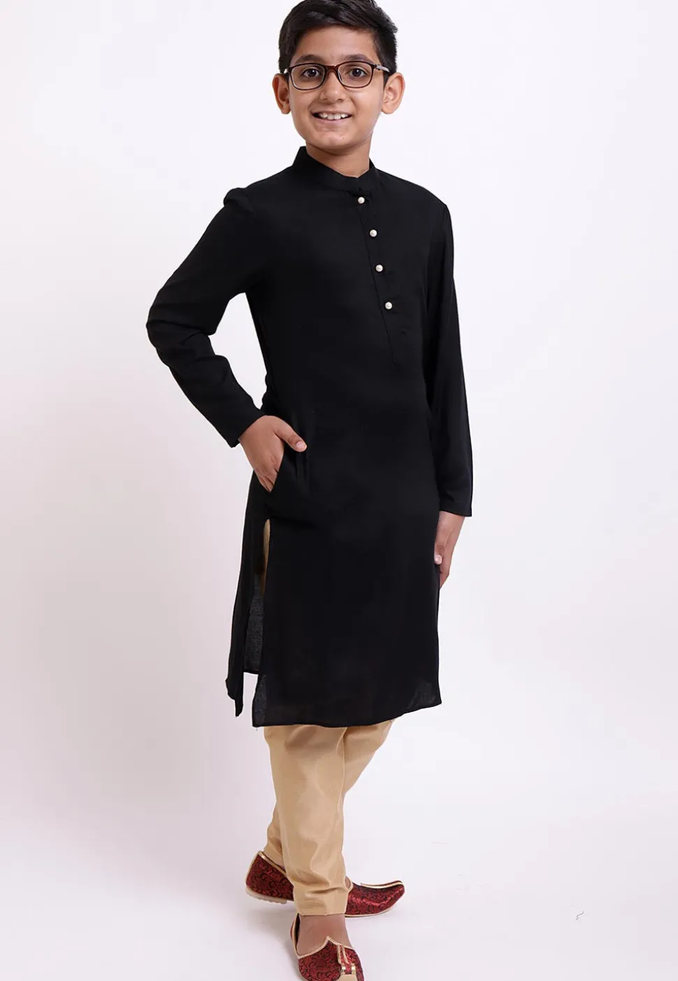 Solid Color Rayon Kurta Set in Black