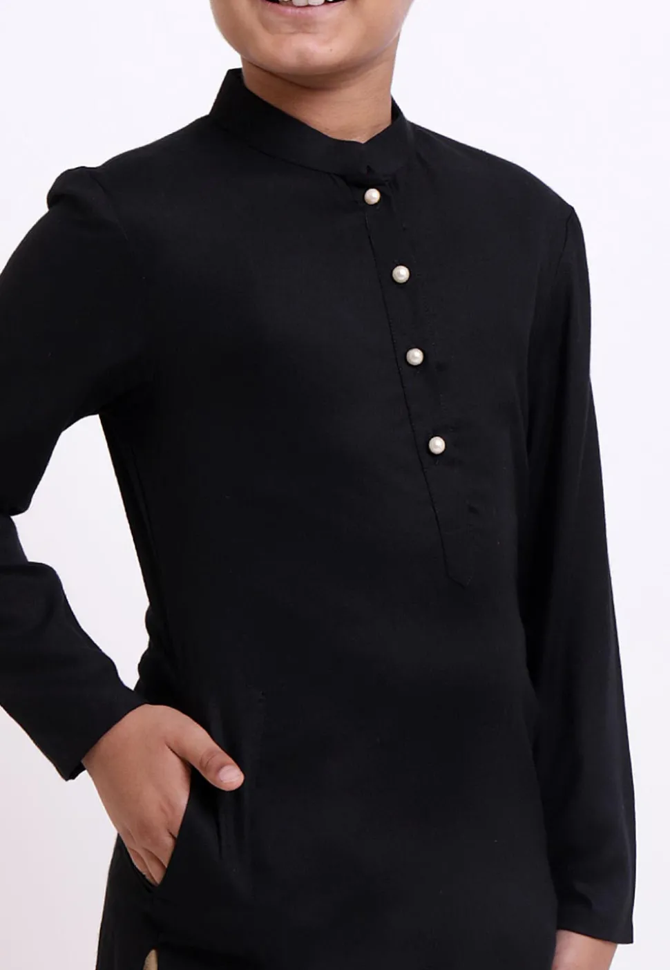 Solid Color Rayon Kurta Set in Black
