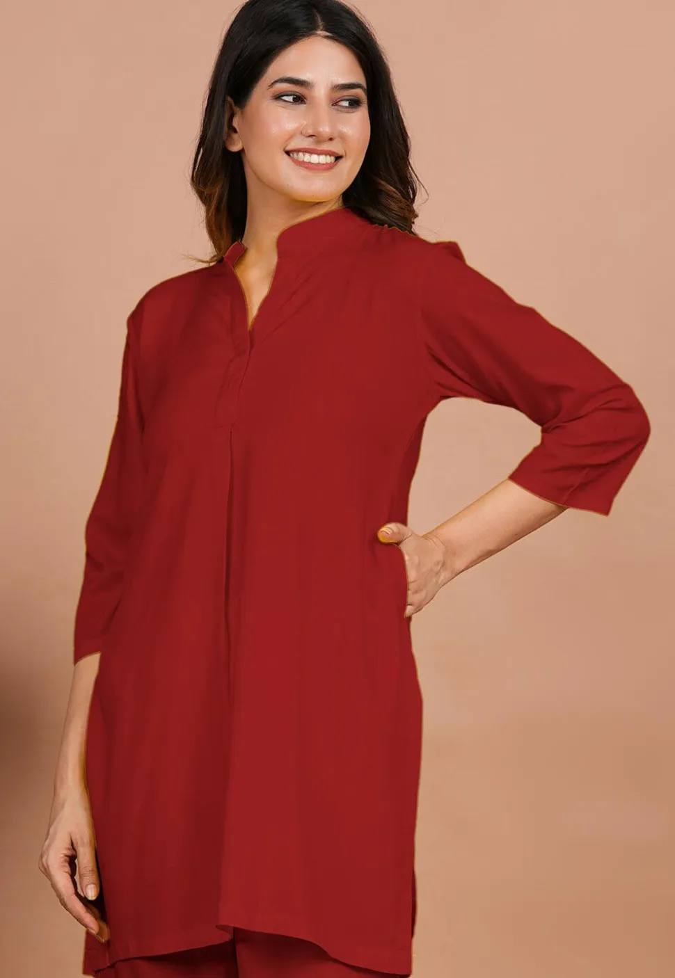 Solid Color Rayon Kurti in Red