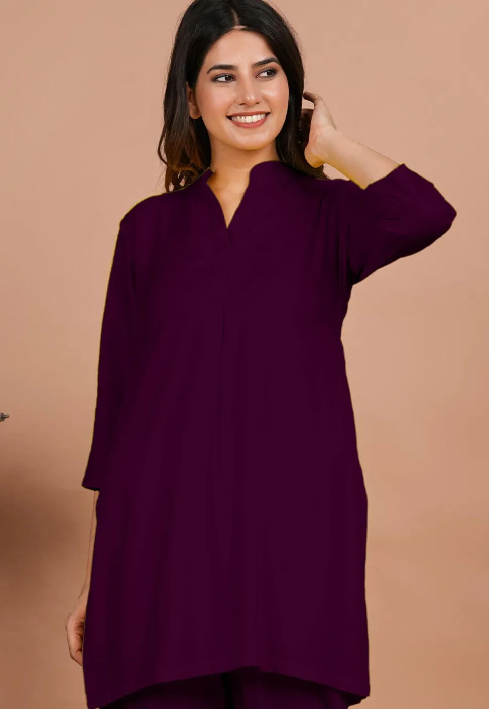 Solid Color Rayon Kurti in Dark Purple