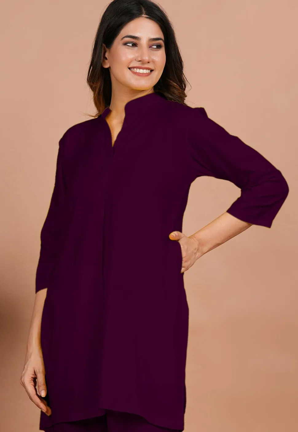Solid Color Rayon Kurti in Dark Purple