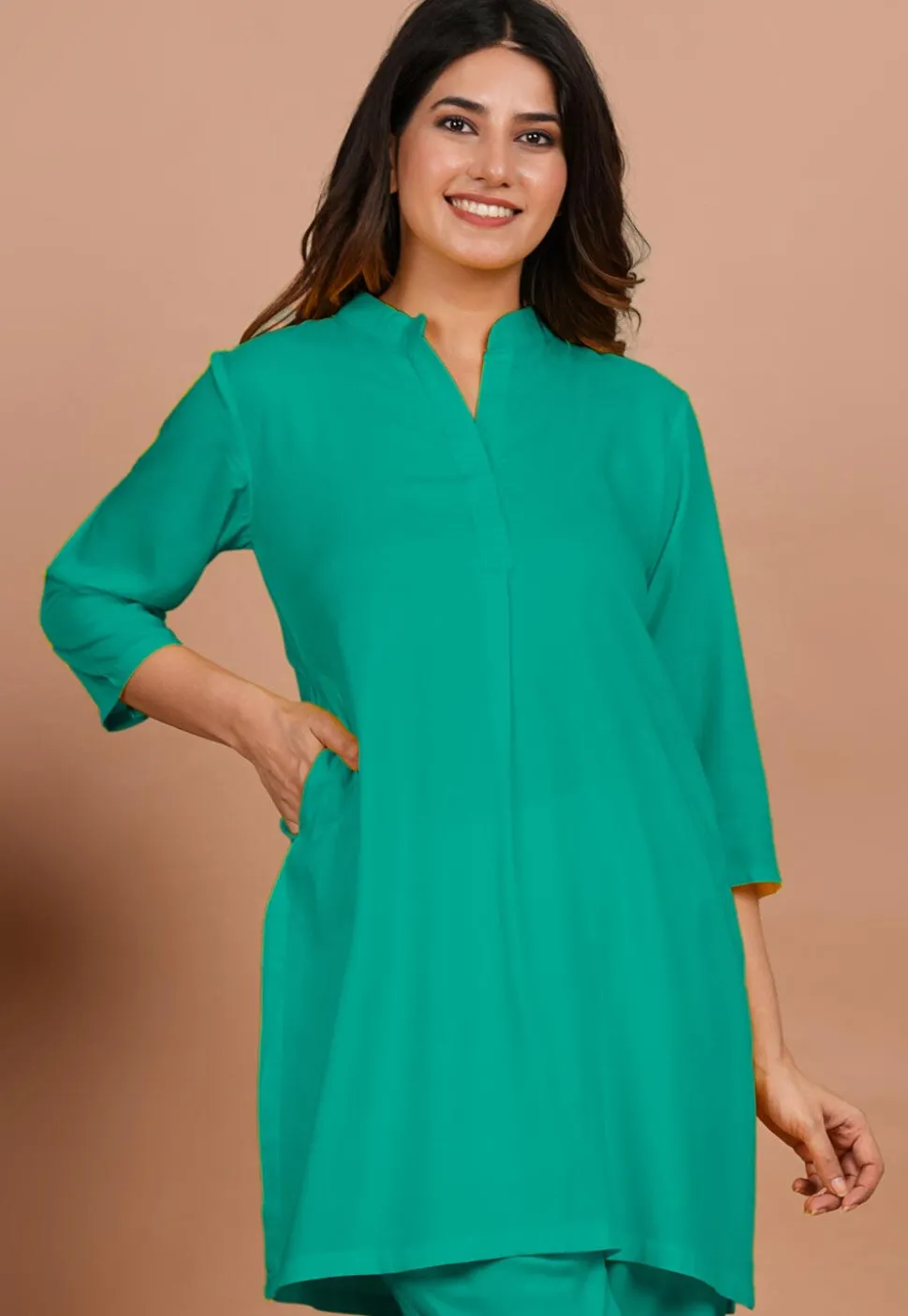 Solid Color Rayon Kurti in Sea Green