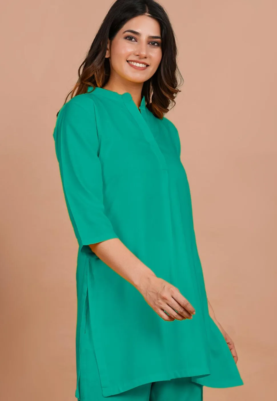 Solid Color Rayon Kurti in Sea Green