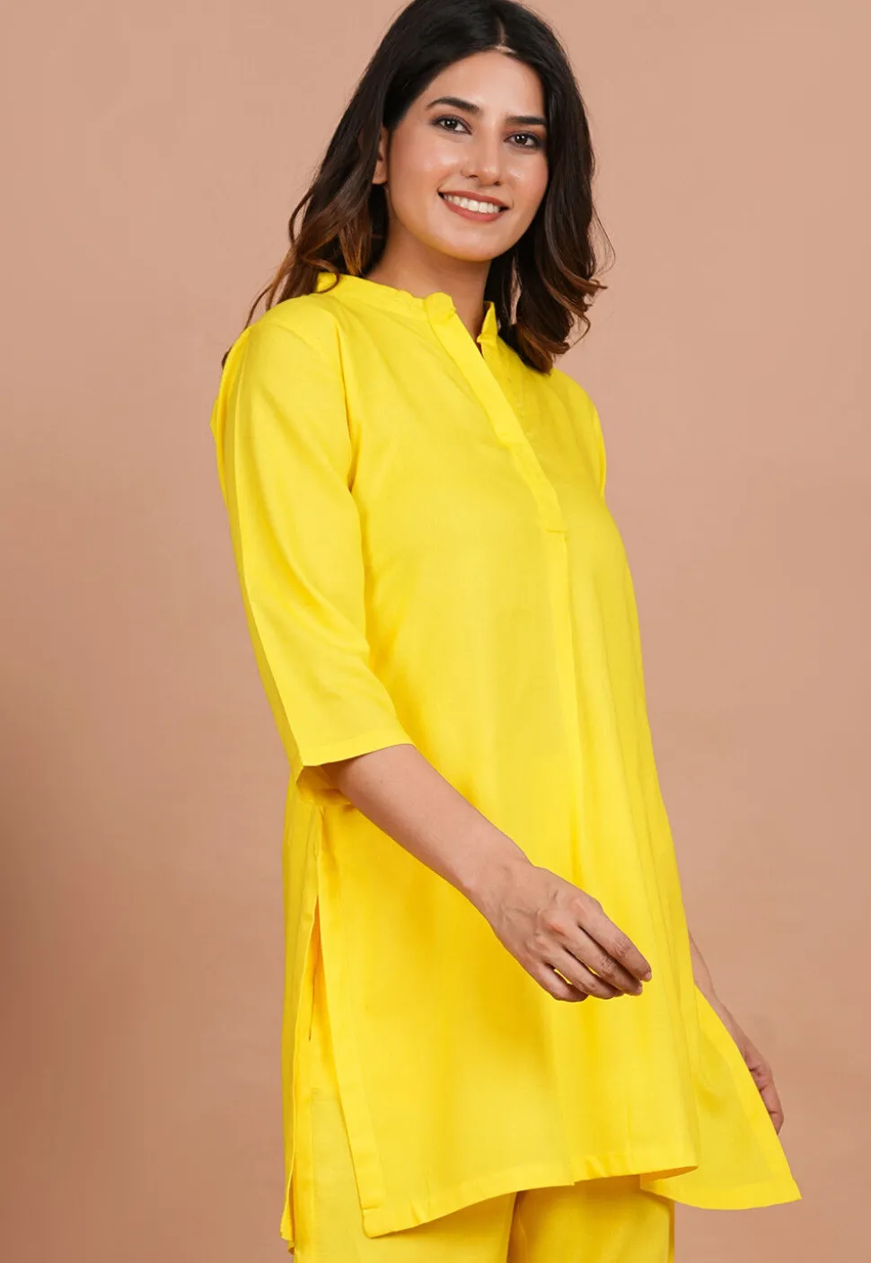 Solid Color Rayon Kurti in Yellow