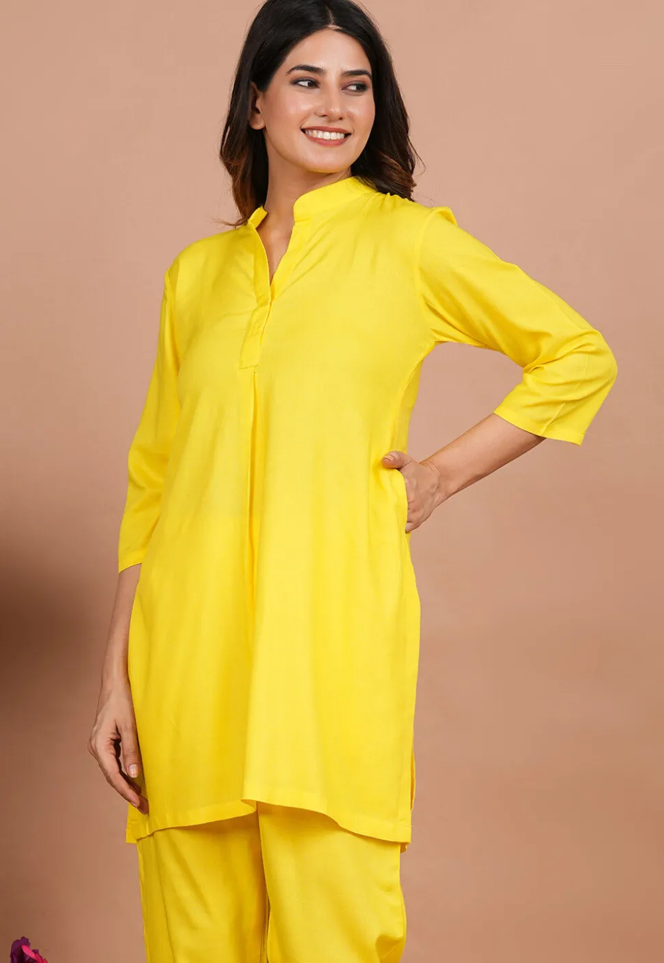 Solid Color Rayon Kurti in Yellow