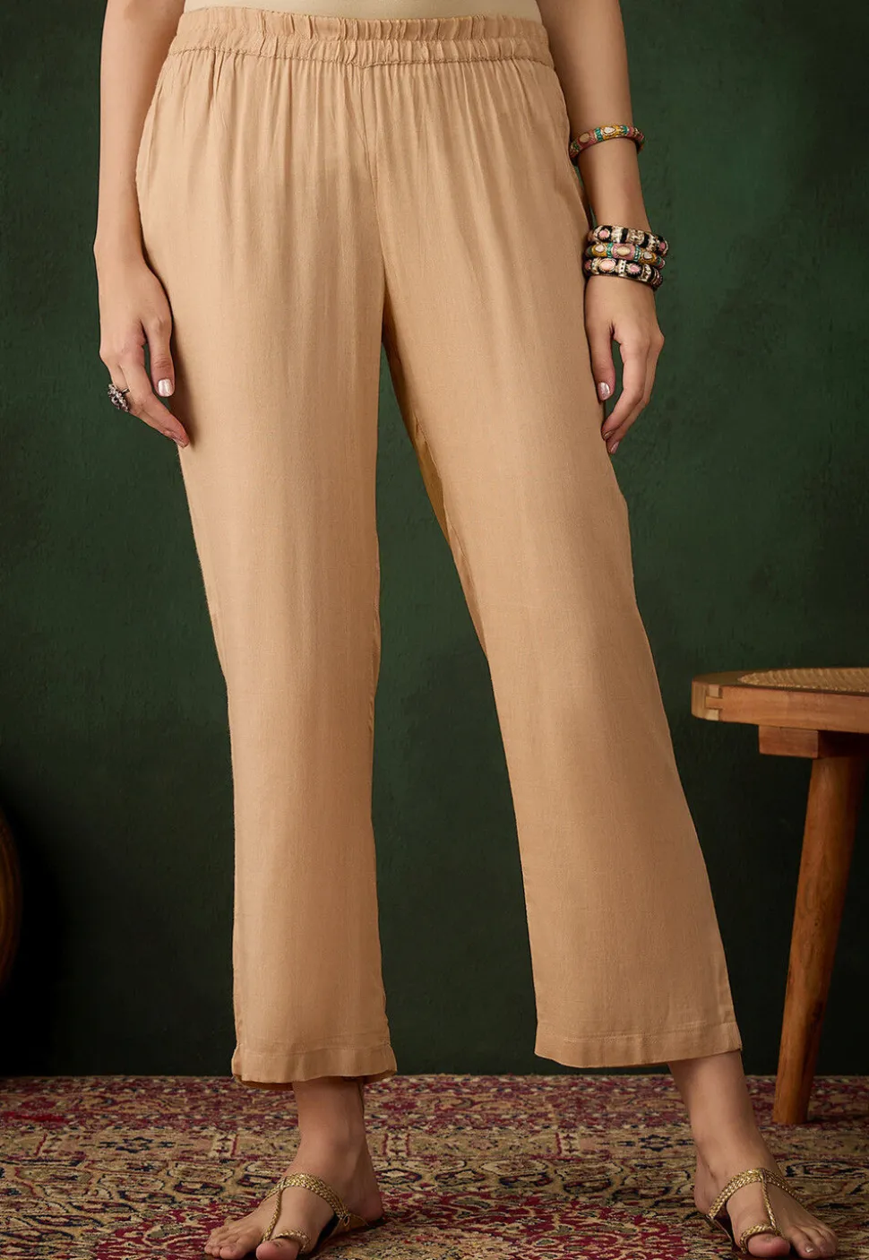 Solid Color Rayon Pant in Beige