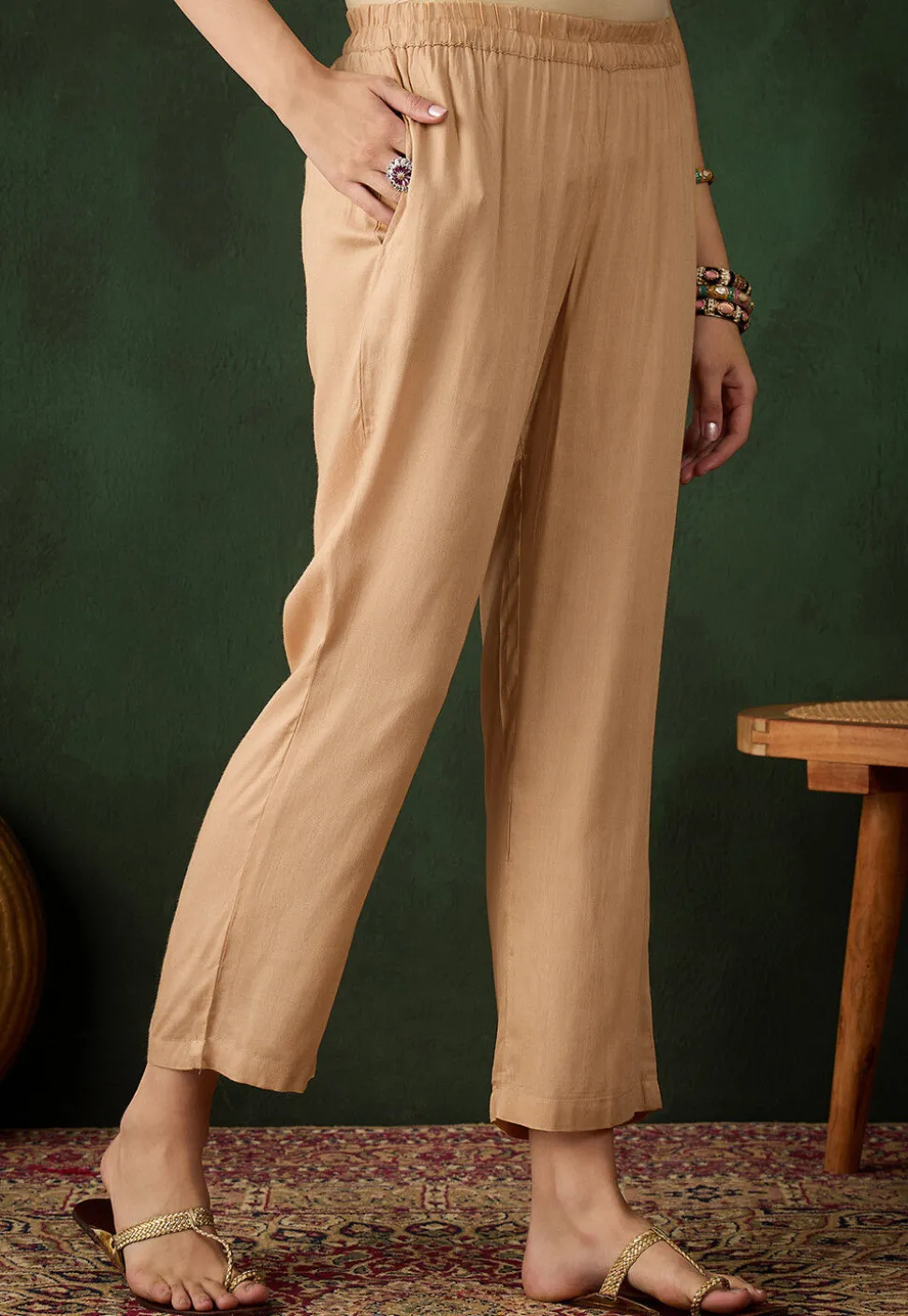Solid Color Rayon Pant in Beige