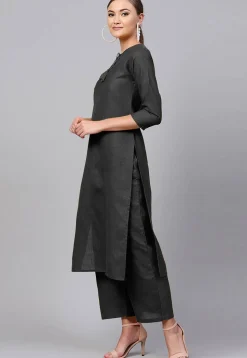 Solid Color Rayon Straight Kurta in Black