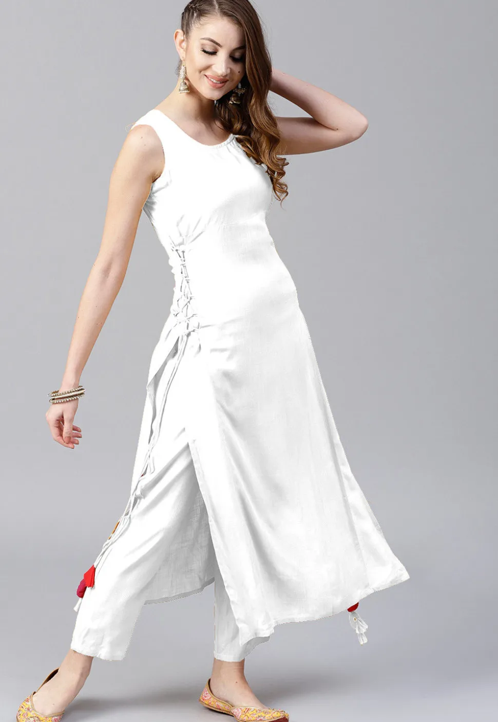 Solid Color Rayon Straight Kurta Set in White