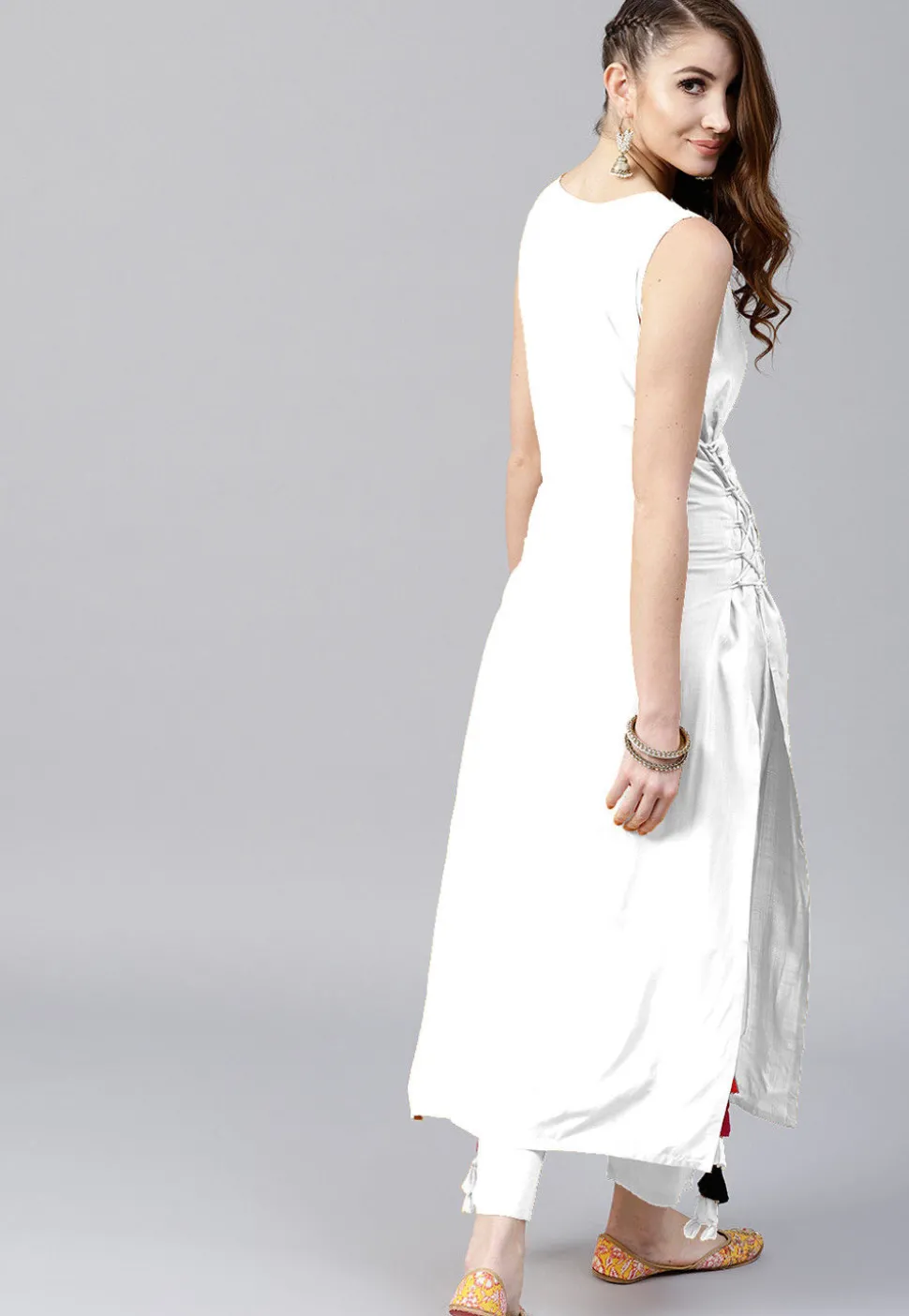 Solid Color Rayon Straight Kurta Set in White