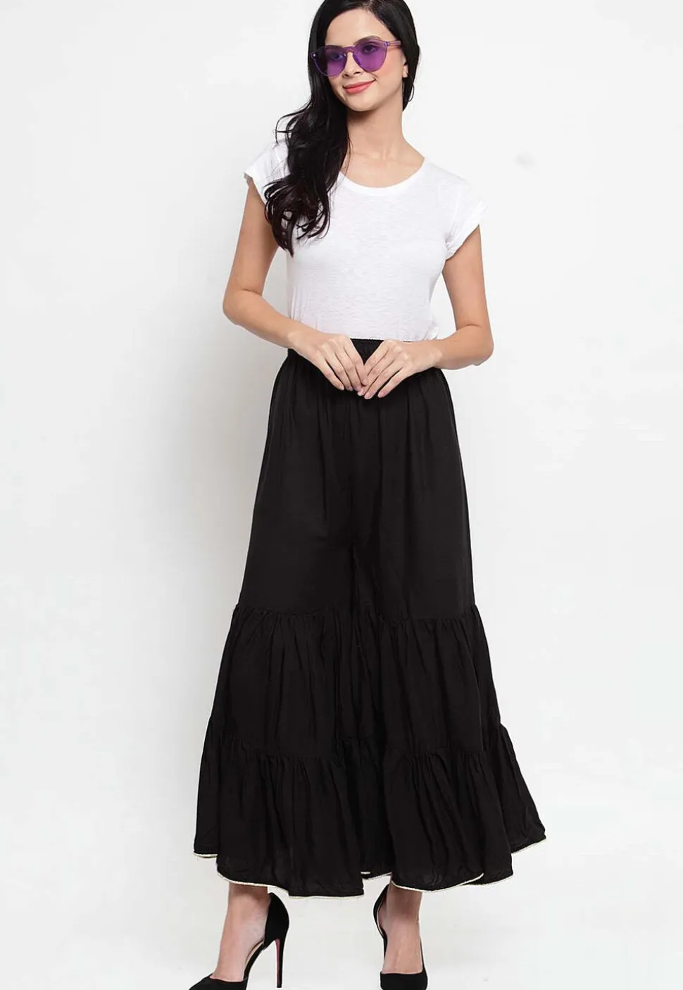 Solid Color Rayon Tiered Sharara in Black