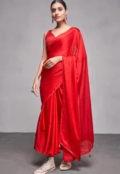 Solid Color Satin Chiffon Saree in Red