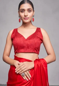 Solid Color Satin Chiffon Saree in Red