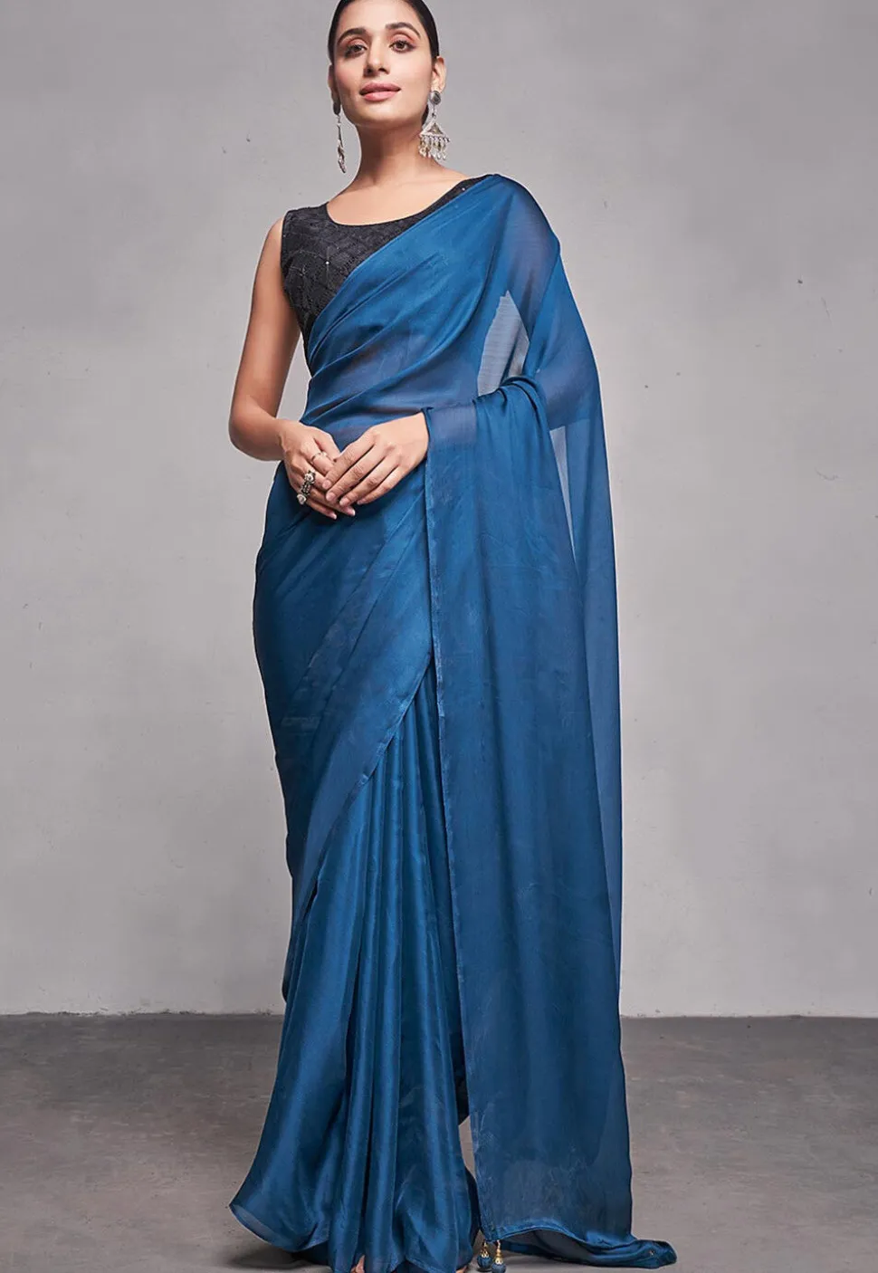 Solid Color Satin Chiffon Saree in Teal Blue