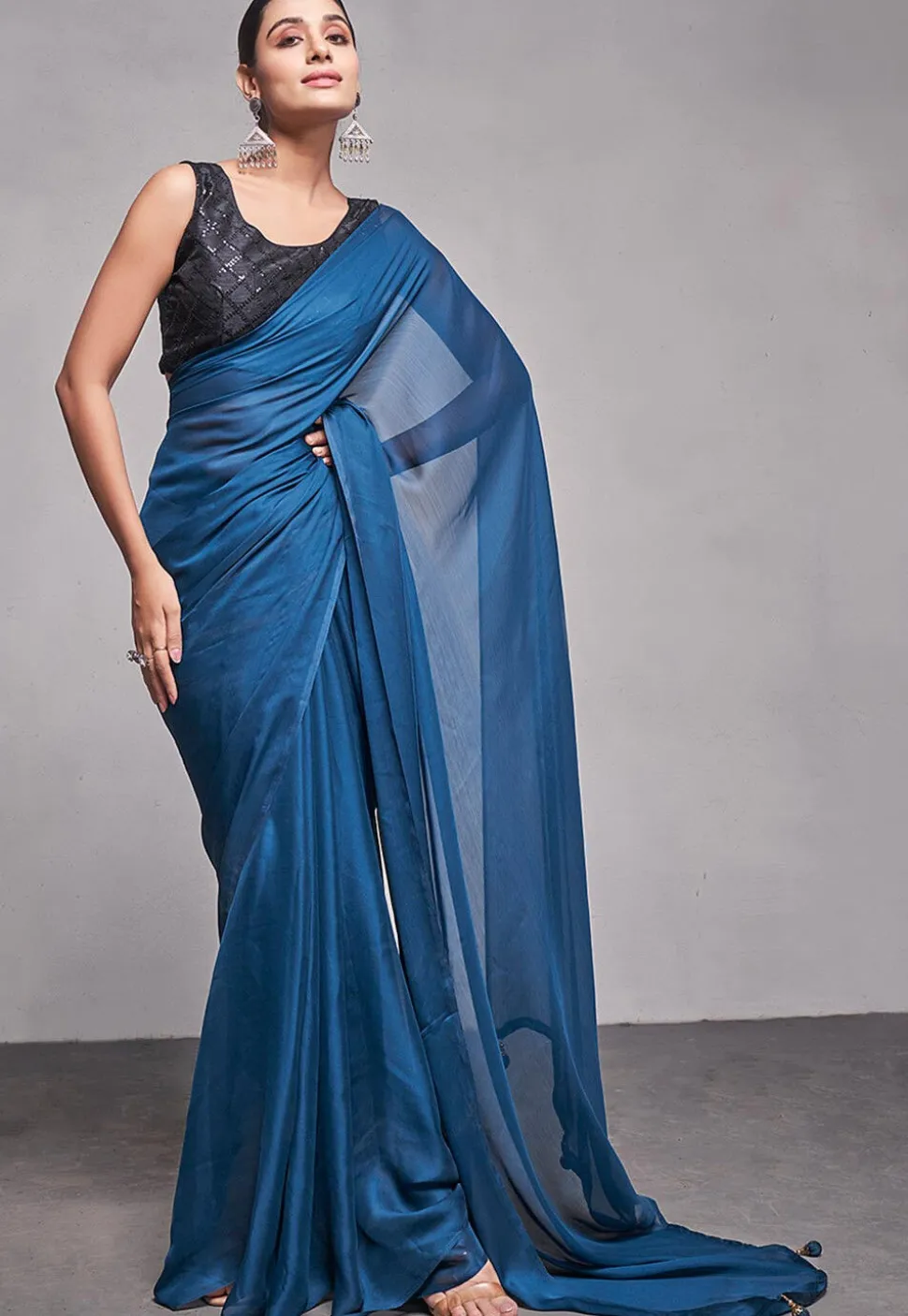 Solid Color Satin Chiffon Saree in Teal Blue