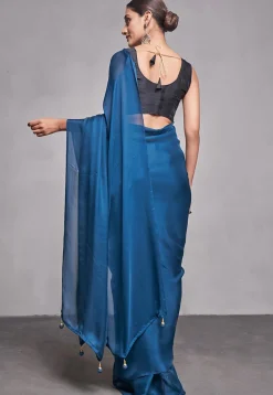Solid Color Satin Chiffon Saree in Teal Blue