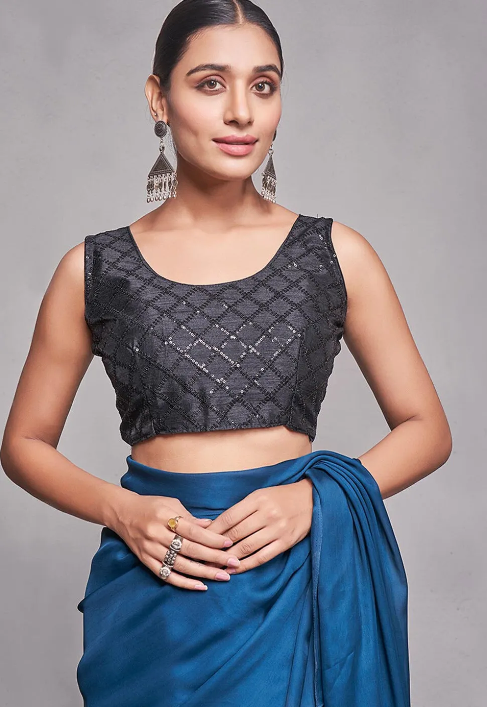 Solid Color Satin Chiffon Saree in Teal Blue