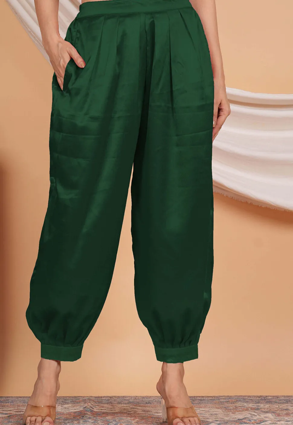 Solid Color Satin Harem Pant in Dark Green